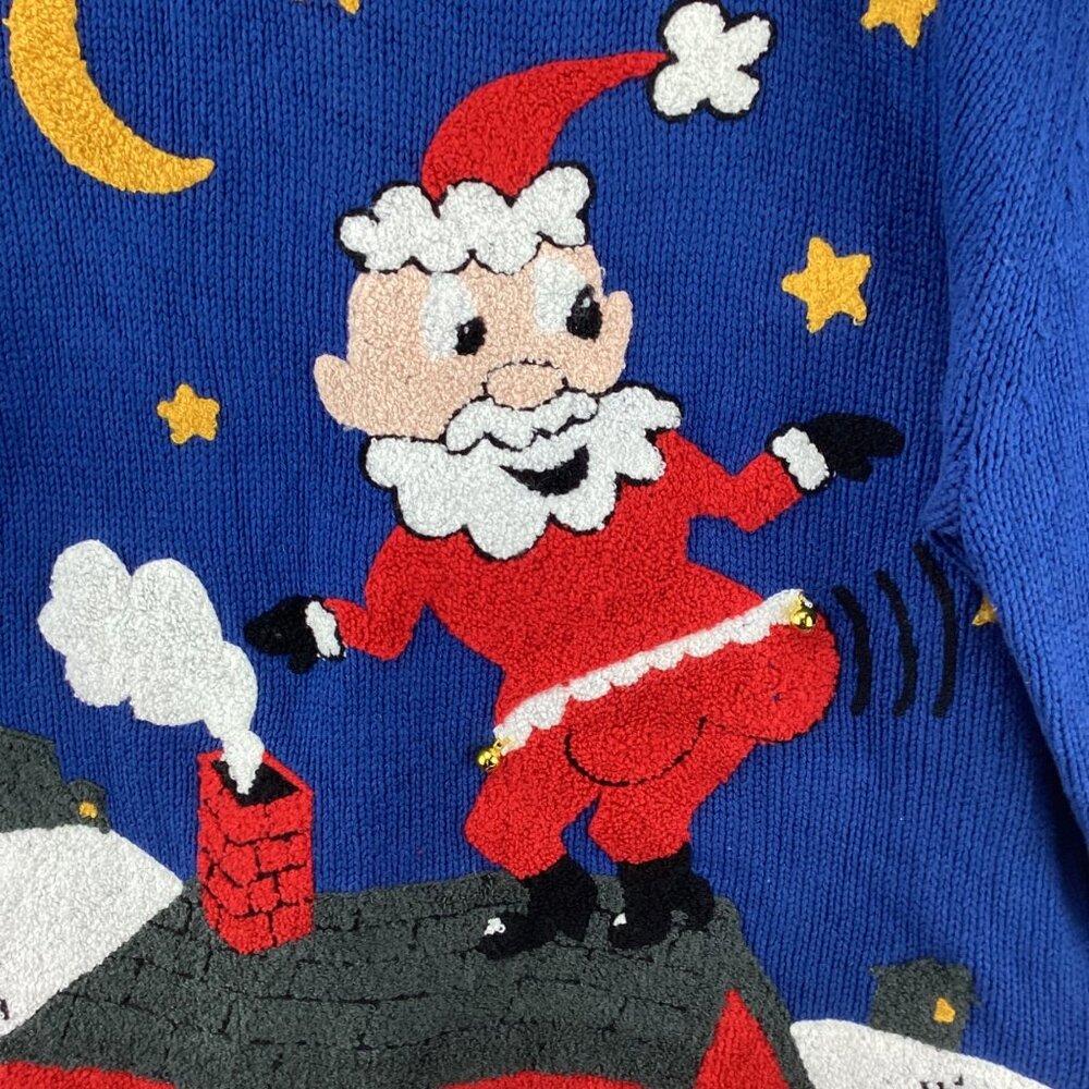 Christmas Men’s Sweater Santa Jingle Blue‎ Size XL Xlarge Booty Santa Bells - Picture 4 of 12